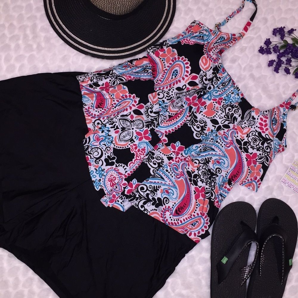 Women's Black Swimdress with Pink & Blue Paisley Print